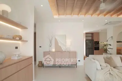 Modern living room with stylish wooden ceiling and elegant decor