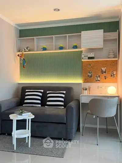 Cozy living room with modern decor and stylish workspace