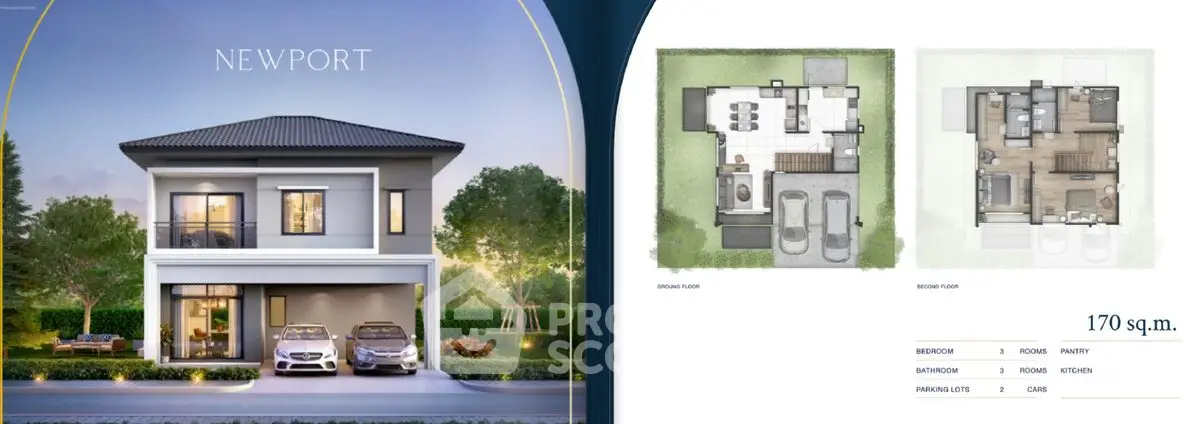 Modern two-story house with floor plans and lush garden, ideal for family living.