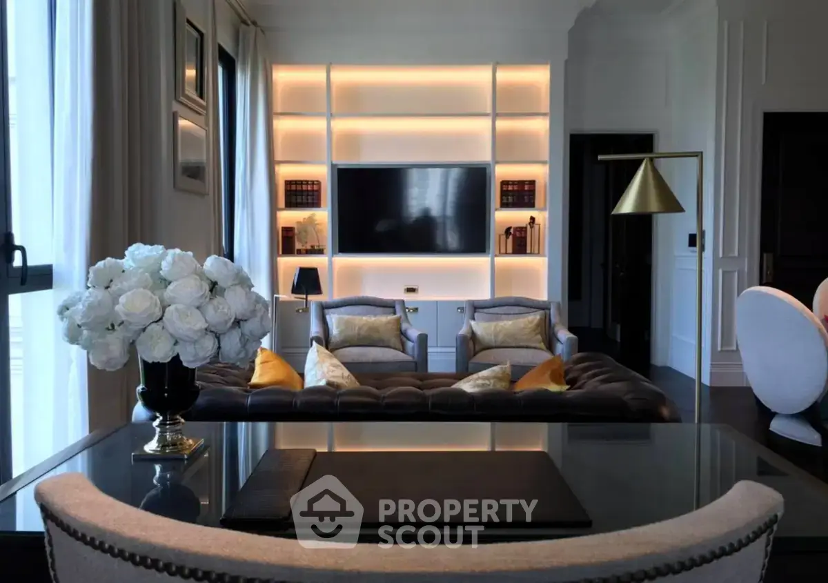 Luxurious living room with elegant decor and built-in shelving