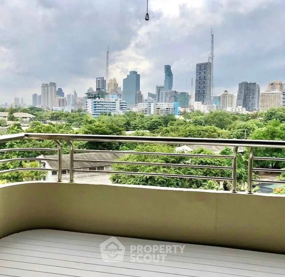 Stunning city skyline view from a spacious balcony, perfect for urban living.