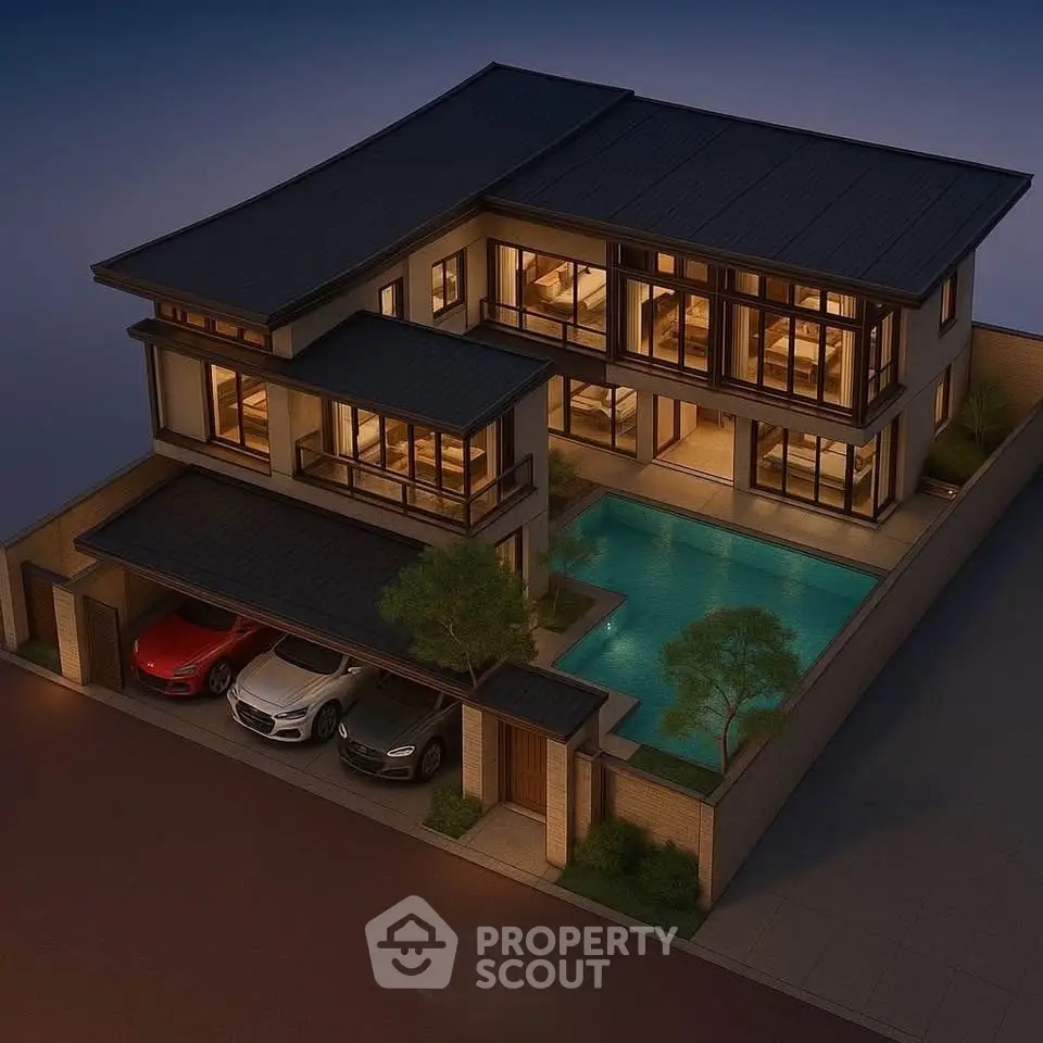 Luxurious modern villa with pool and garage, showcasing elegant architecture and spacious design.