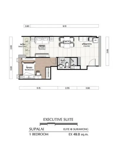 Executive suite floor plan for Supalai Elite at Surawong, featuring 1 bedroom and 49 sq.m. of space.