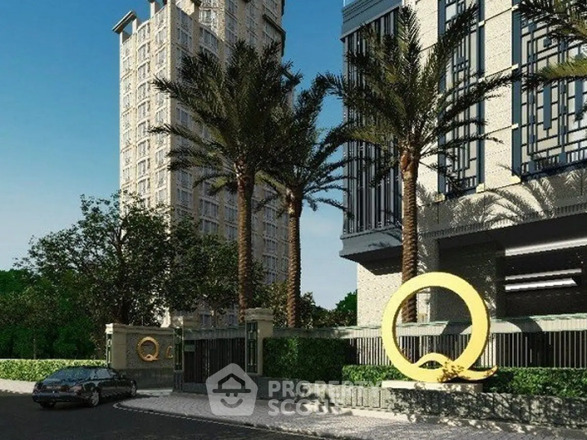 Luxurious modern building exterior with palm trees and sleek design, ideal for upscale urban living.