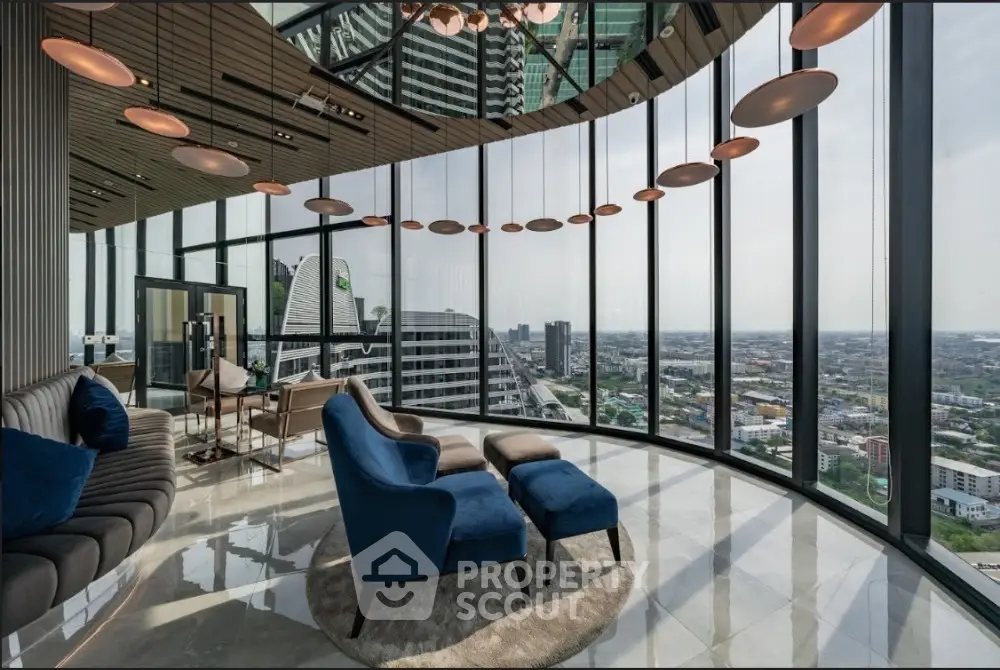 Luxurious high-rise living room with panoramic city views and modern furnishings