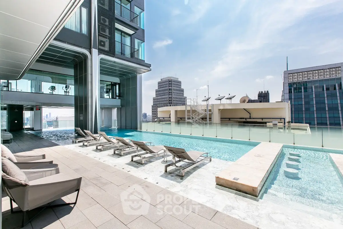 Luxurious rooftop pool with stunning city views and modern lounge chairs.