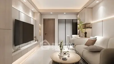 Modern living room with sleek design and cozy seating area