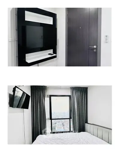 Modern apartment interior with sleek TV setup and cozy bedroom with city view.