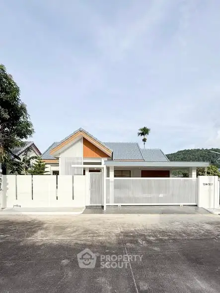 Modern single-story house with sleek design and spacious driveway