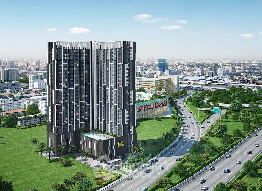Modern high-rise building with pool and cityscape view, ideal urban living.
