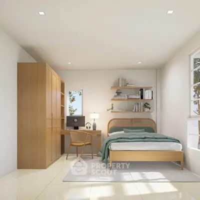 Modern bedroom with sleek wooden furniture and natural light