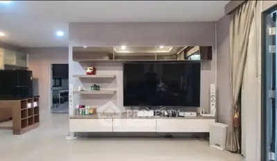Modern living room with sleek entertainment center and large TV