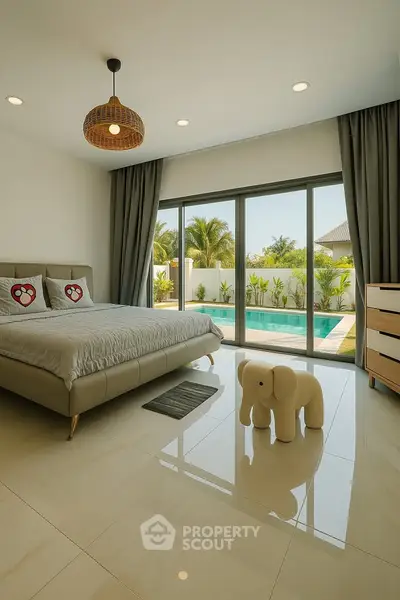 Luxurious bedroom with pool view and modern decor