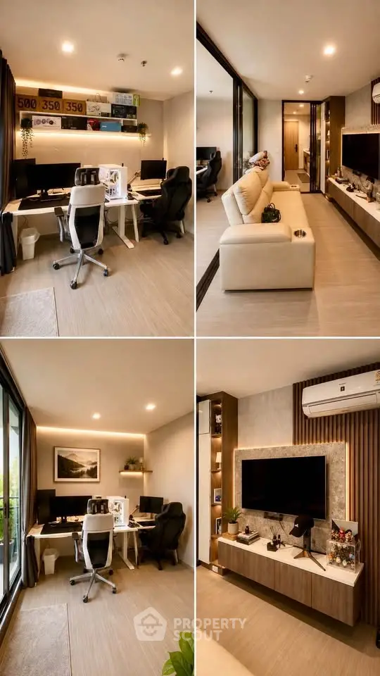 Modern apartment interior with stylish living room and home office setup, featuring sleek furniture and decor.