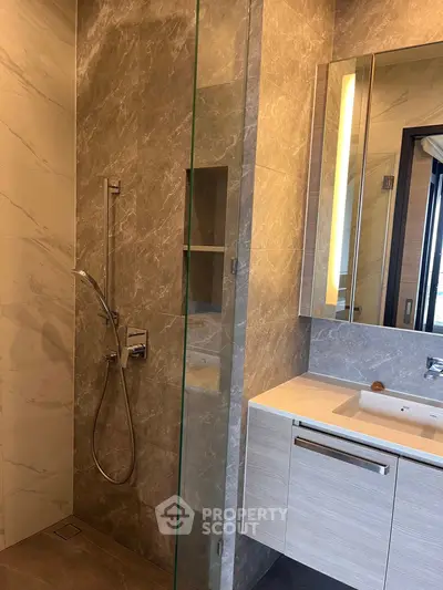 Luxurious modern bathroom with elegant marble tiles and sleek fixtures