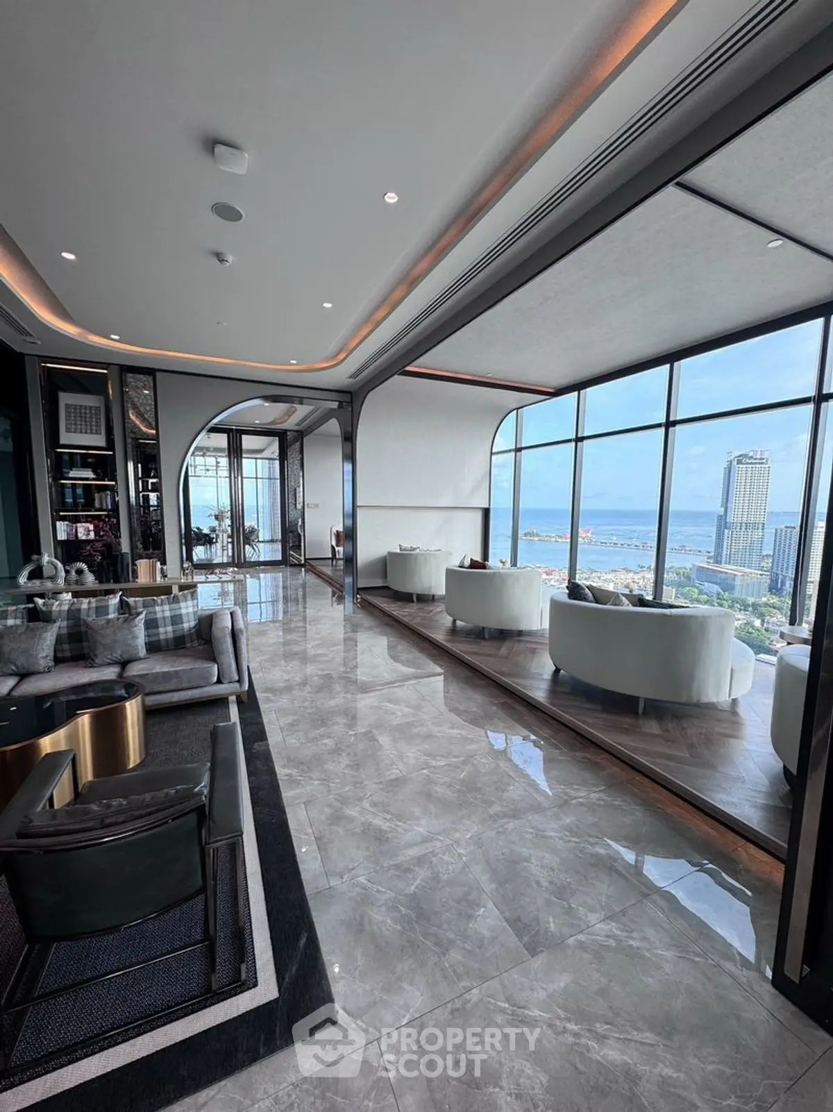 Luxurious living room with panoramic city view and elegant modern design