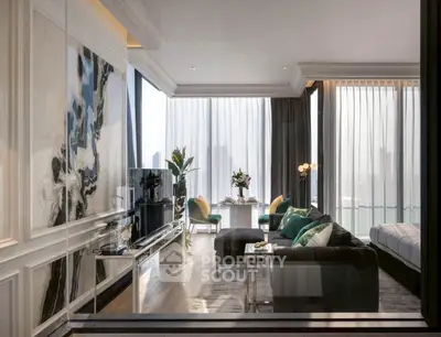 Luxurious modern living room with stunning city view and elegant decor