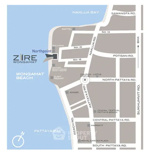 Map showing location of Zire Wongamat near Wongamat Beach and Naklua Bay.