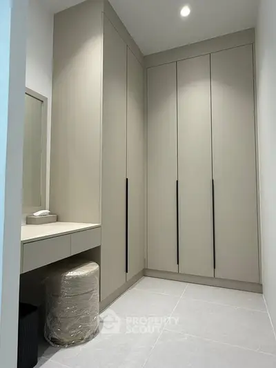 Spacious modern walk-in closet with sleek cabinetry and elegant design