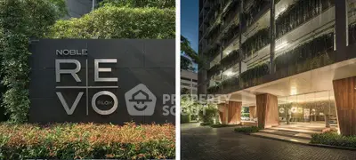 Modern building exterior with lush greenery and stylish signage at Noble Revo Silom.