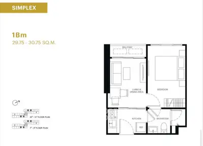 Modern simplex floor plan with balcony, living area, kitchen, and bedroom.