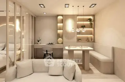 Modern living room with cozy seating and elegant dining area, featuring stylish lighting and decor.