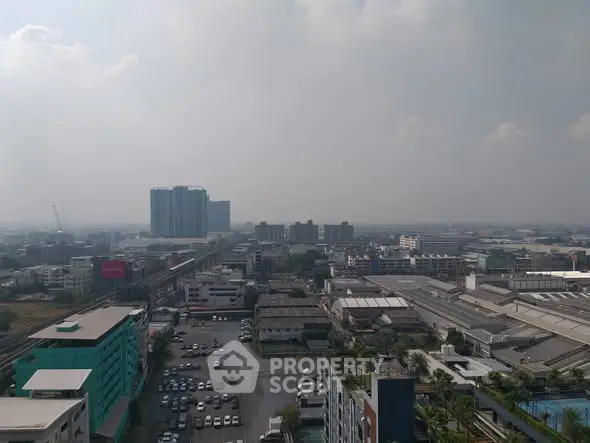 Panoramic cityscape view from high-rise building showcasing urban skyline and distant horizon.