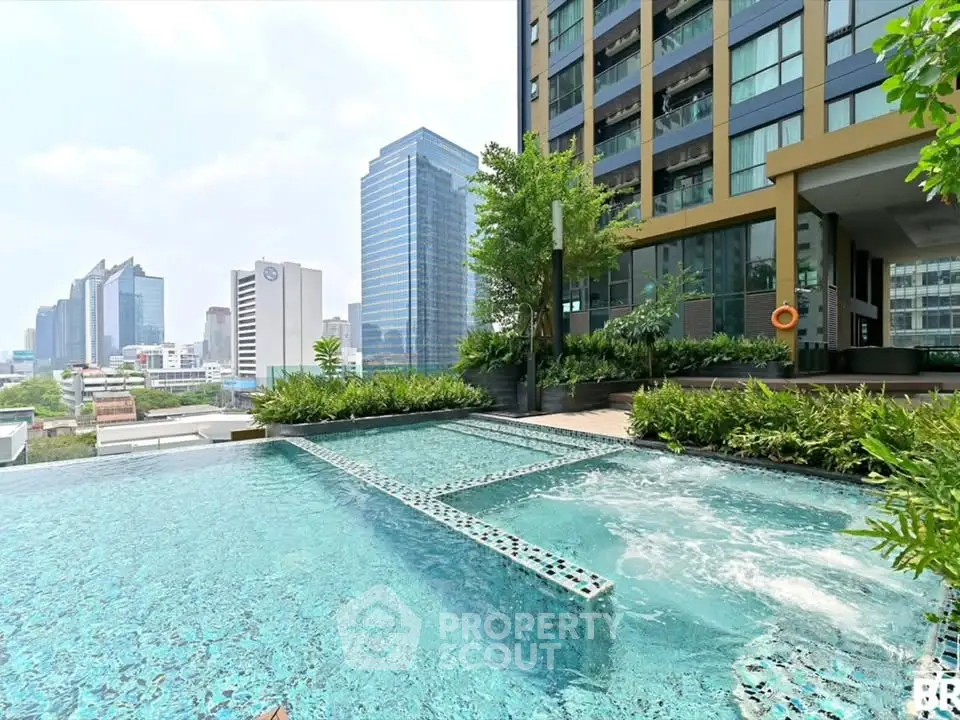 Luxurious rooftop pool with stunning city views in modern high-rise building.