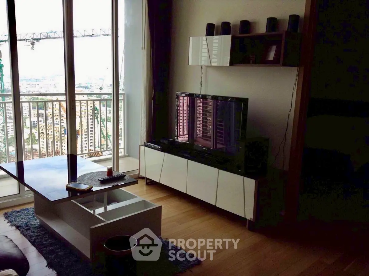 Modern living room with city view and stylish furniture