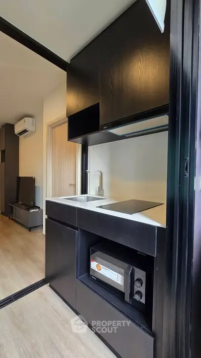 Modern compact kitchen with sleek black cabinetry and built-in appliances in a stylish apartment.