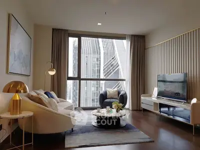 Luxurious modern living room with stunning city view and elegant decor