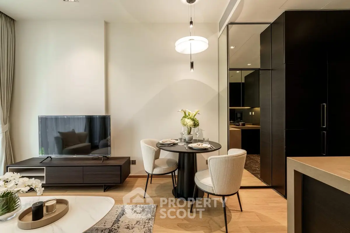 Modern living room with elegant dining area and sleek furniture design