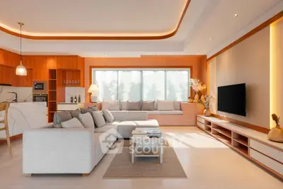 Spacious modern living room with elegant decor and large windows