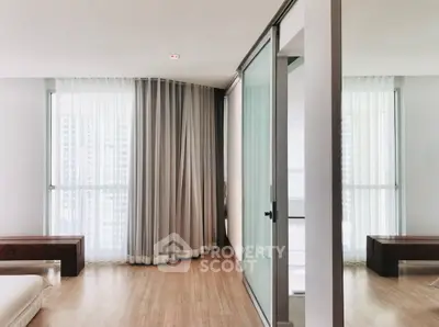 Spacious modern bedroom with floor-to-ceiling windows and elegant curtains.