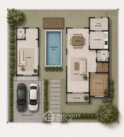 Luxurious modern home floor plan with pool, parking, and spacious living areas.