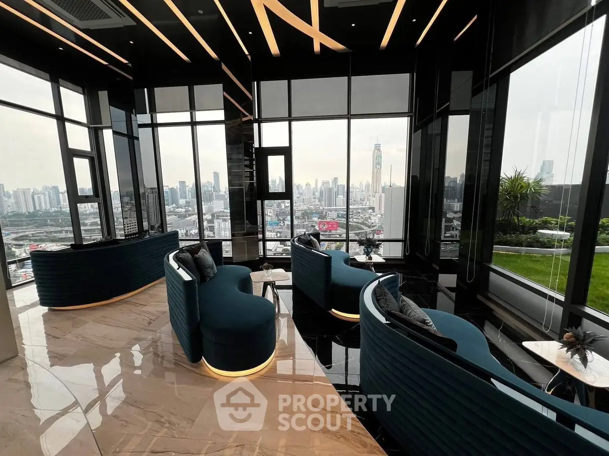 Luxurious high-rise lounge with panoramic city views and modern seating.