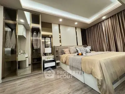 Luxurious modern bedroom with elegant decor and ambient lighting