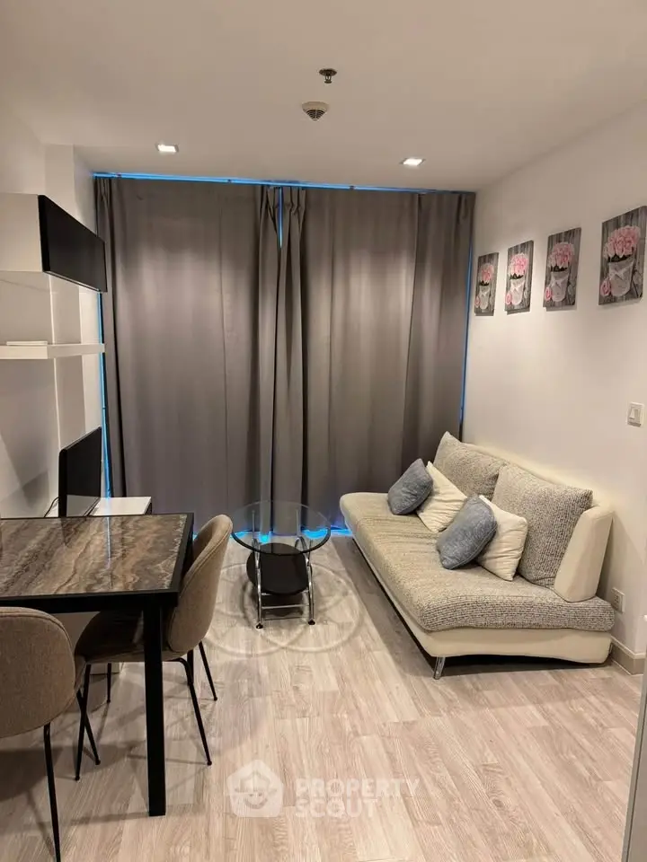 Modern living room with stylish decor and cozy seating area