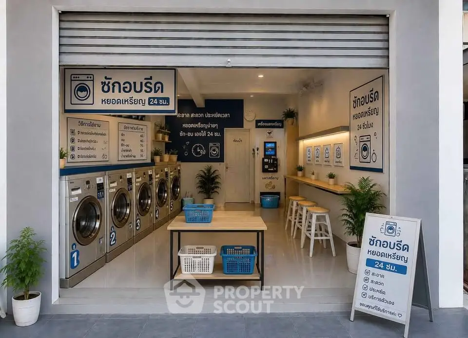 Modern laundromat with multiple washing machines and seating area, open 24 hours.
