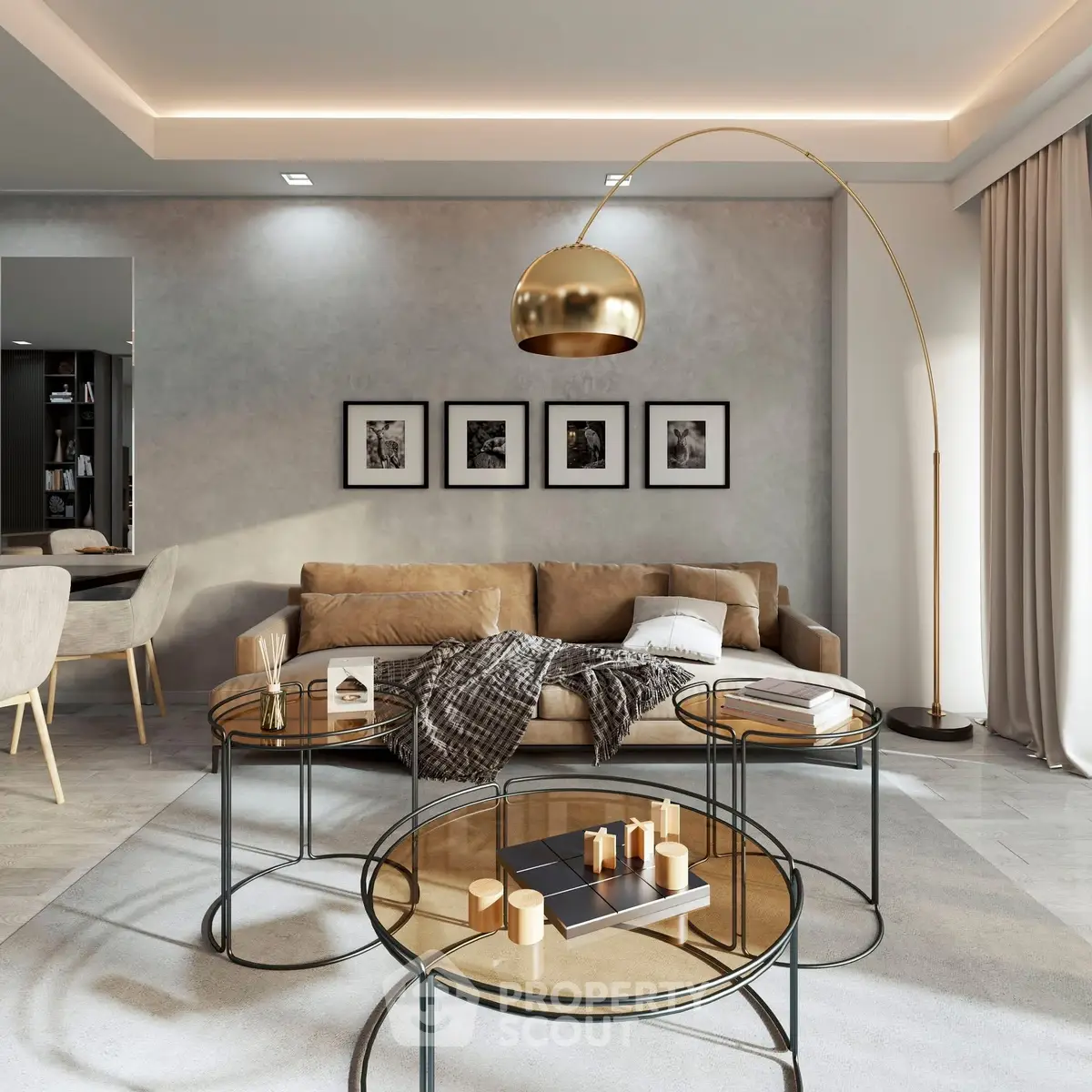 Modern living room with stylish decor and elegant lighting