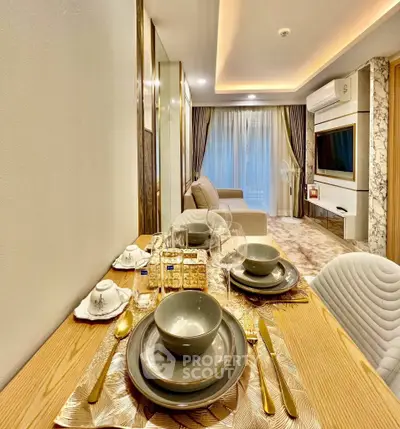 Luxurious modern living room with elegant dining setup and stylish decor