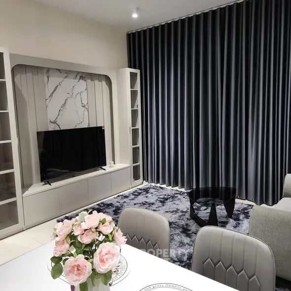 Elegant living room with modern TV unit, plush rug, and stylish curtains, perfect for cozy family gatherings.