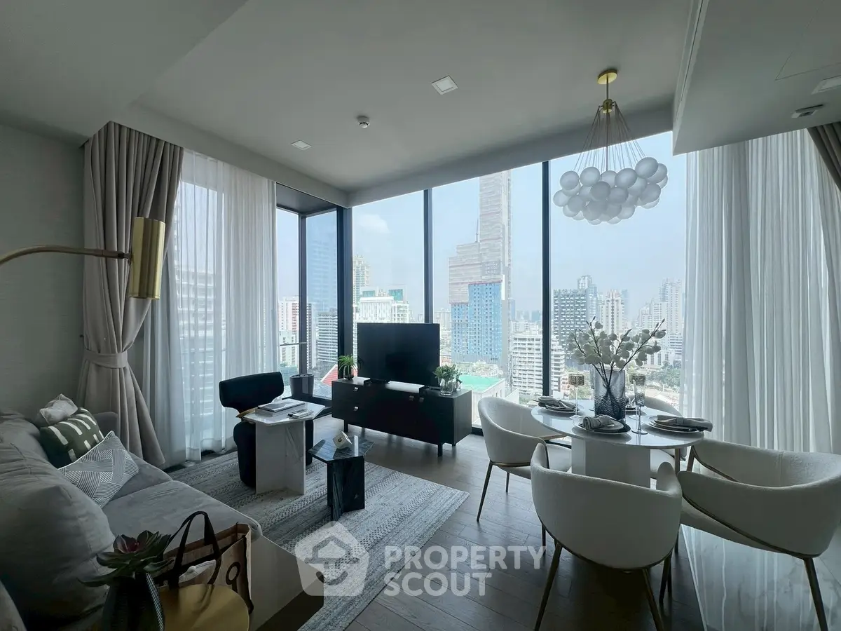 Luxurious modern living room with panoramic city view, elegant decor, and stylish furniture in high-rise apartment.