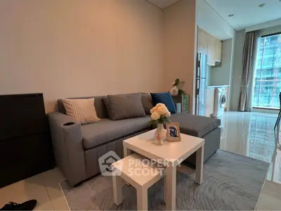 Modern living room with cozy gray sofa and stylish decor, adjacent to a sleek kitchen with appliances.