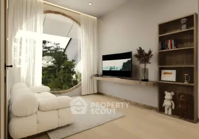 Modern living room with large circular window and cozy seating area