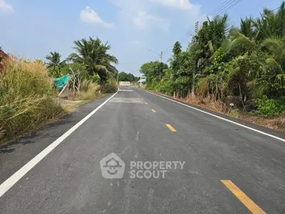 Scenic rural road surrounded by lush greenery and palm trees, perfect for tranquil living.