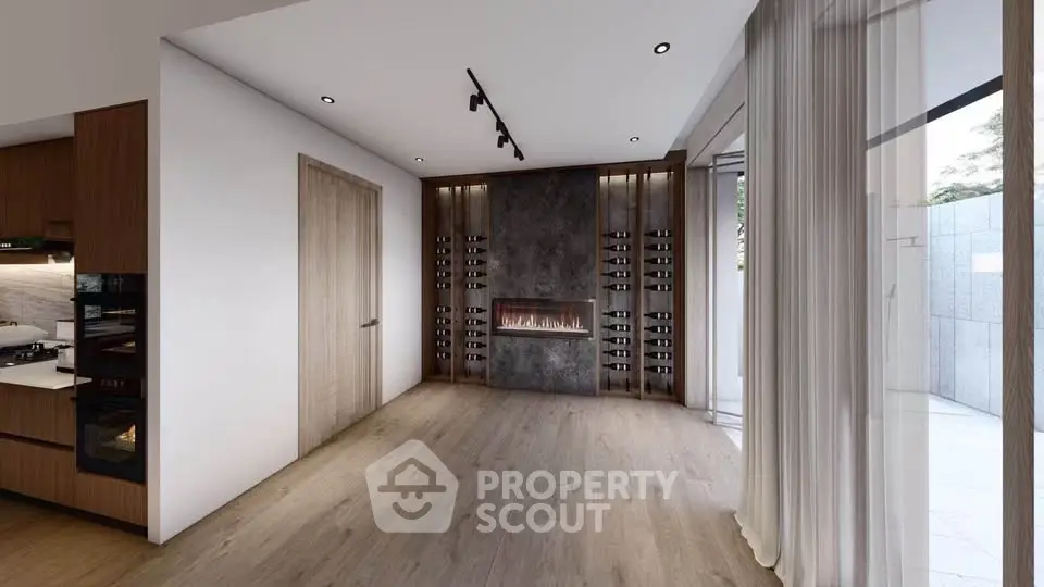 Modern living room with sleek fireplace and open layout, featuring elegant wood flooring and large windows.