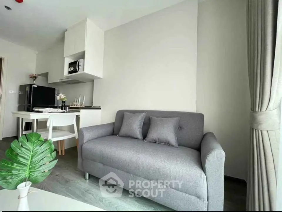 Modern living room with cozy gray sofa and compact kitchen in open layout apartment.