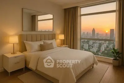 Luxurious bedroom with stunning city view at sunset, featuring elegant decor and large windows.