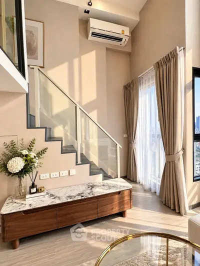 Luxurious modern living room with elegant staircase and city view